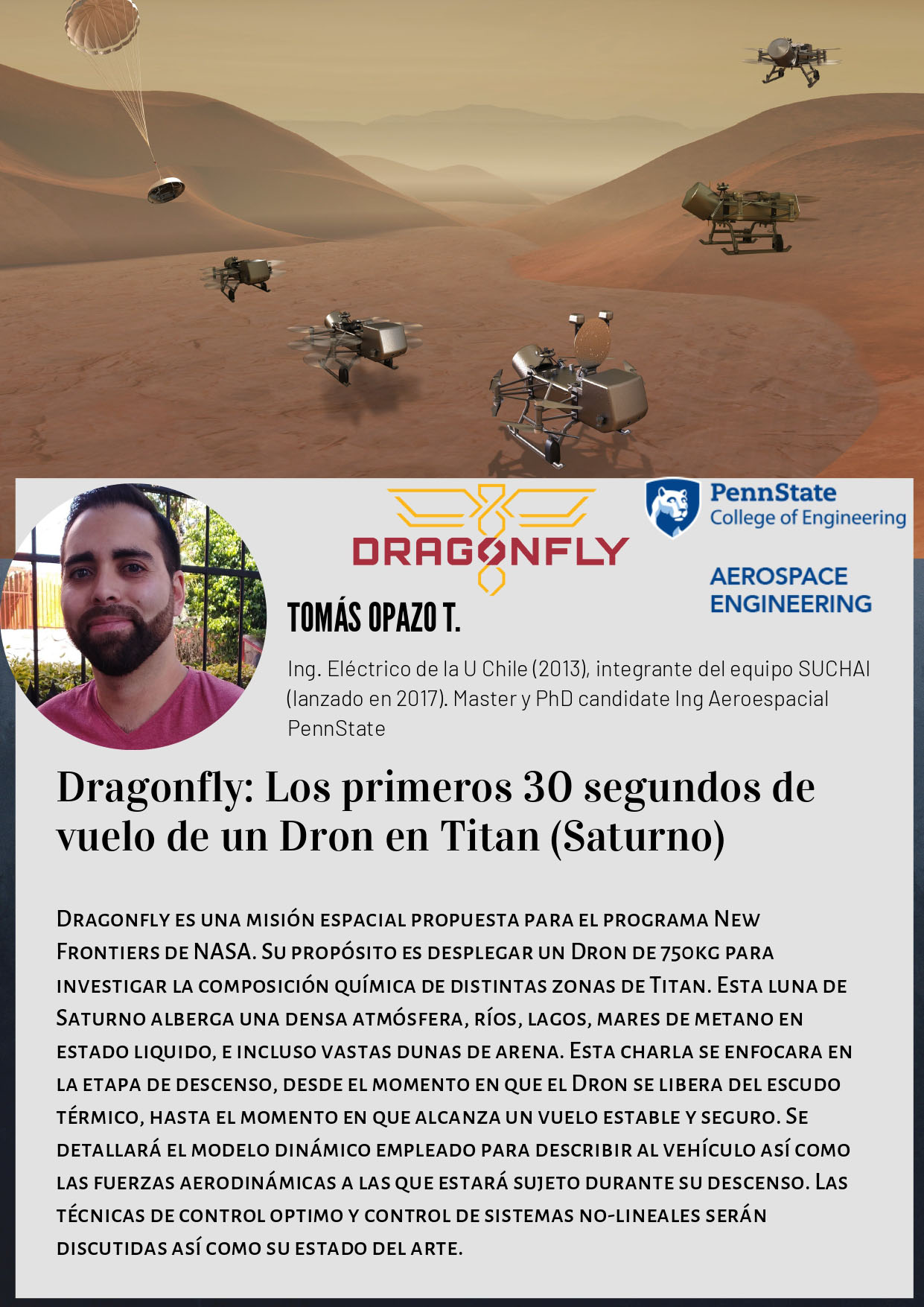 Invitación a charla: “Dragonfly: Los primeros 30 segundos de vuelo de un Dron en Titan (Saturno)”